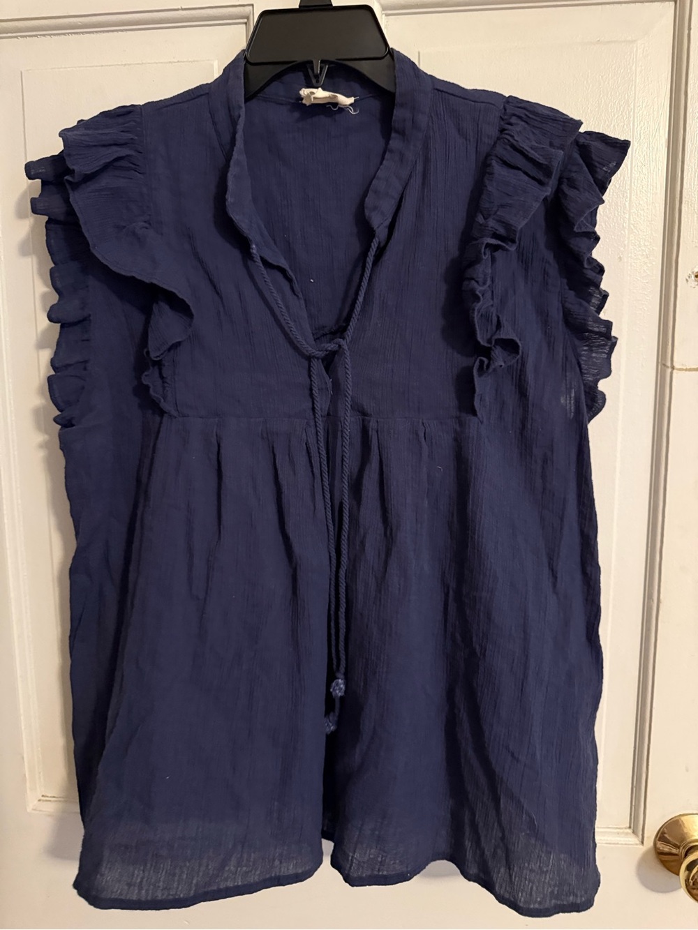 BiBi Navy Ruffle Sleeve Tie-Neck Blouse